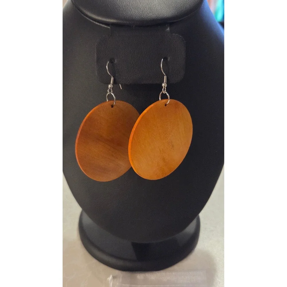 Unbranded Wooden Geometric Dangle Earring Set 4 Pairs Teardrop Circle Brown Wood